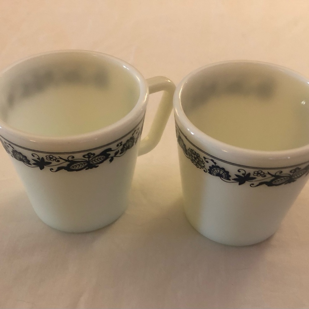 Pyrex Milkglass Mugs with Blue Floral Band - Set of 2 RestaurantWare Vintage